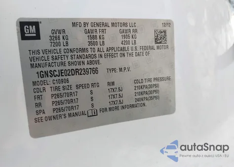 2013 Chevrolet Suburban 1500 Lt из США, поврежденный, VIN 1GNSCJE02DR239766